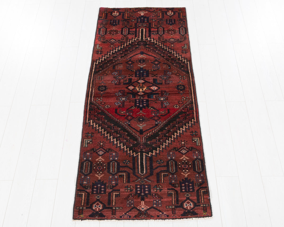 Vintage Zanjan Rust Red and Black Narrow Geometric Medallion Area Rug, 3x7 – 6' 6" x 2' 9" (199 x 84 cm), SKU 5448
