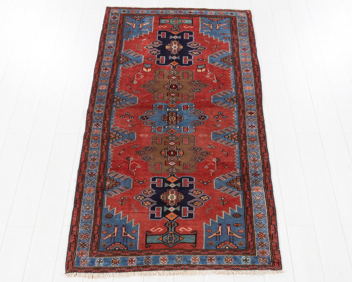 Vintage Tarom Red and Royal Blue Stepped Medallion Area Rug, 4x7 – 6' 9" x 3' 7" (205 x 110 cm), SKU 5453