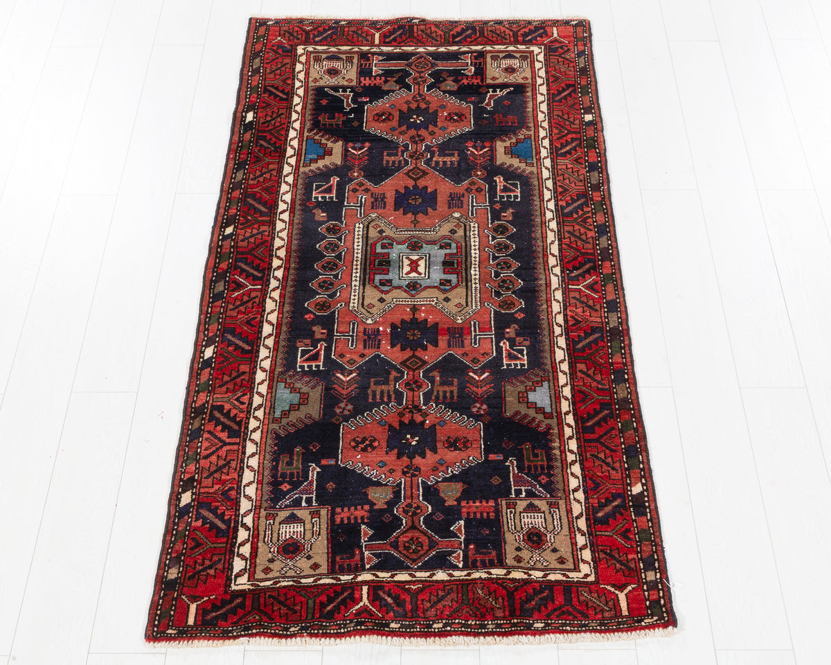 Vintage Tarom Rust Red and Deep Navy Blue Tribal Geometric Medallion Area Rug, 3x6 – 6' 2" x 3' 3" (188 x 98 cm), SKU 5454