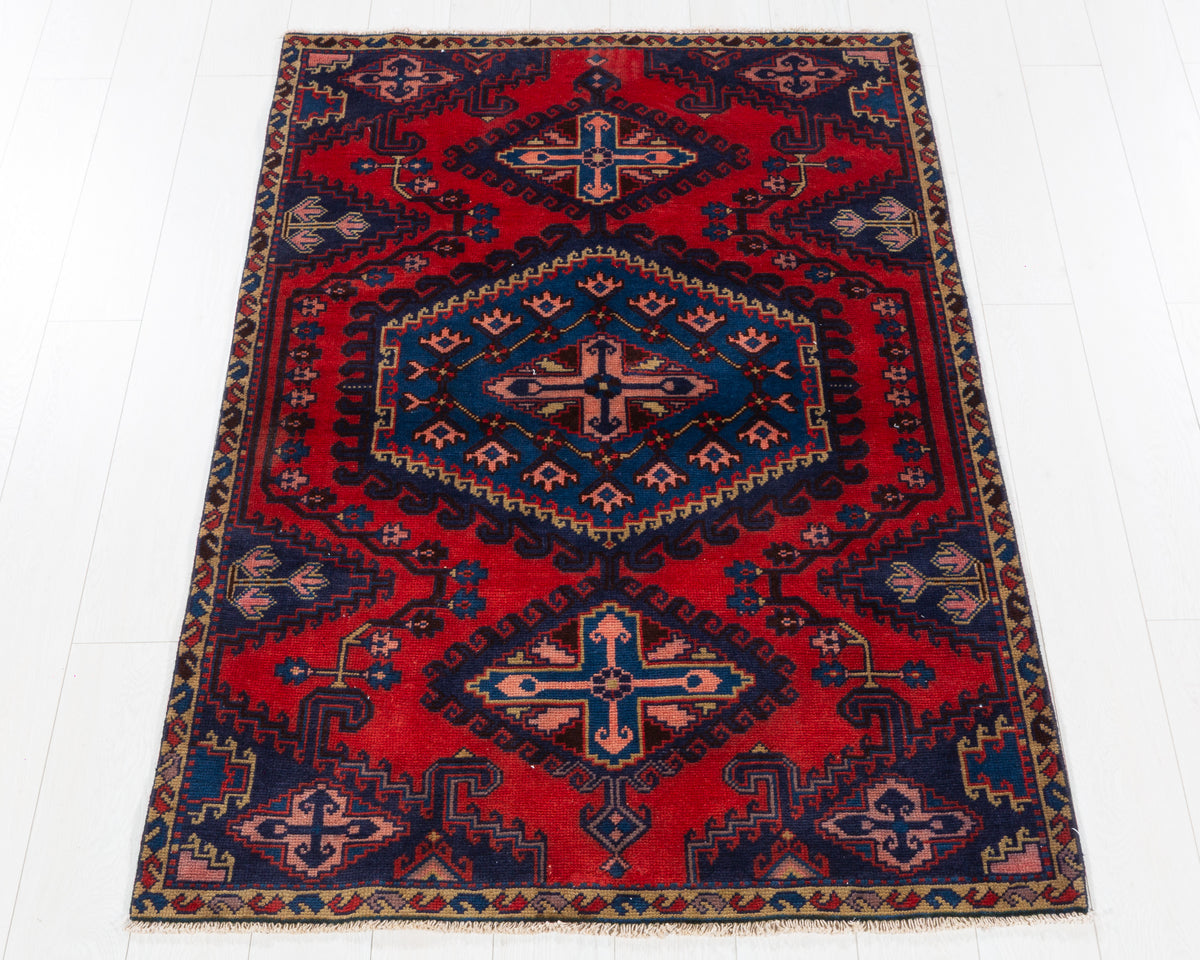 Vintage Viss Red and Blue Oversized Diamond Medallion Area Rug, 4x6 – 5' 9" x 3' 9" (175 x 114 cm), SKU 5461