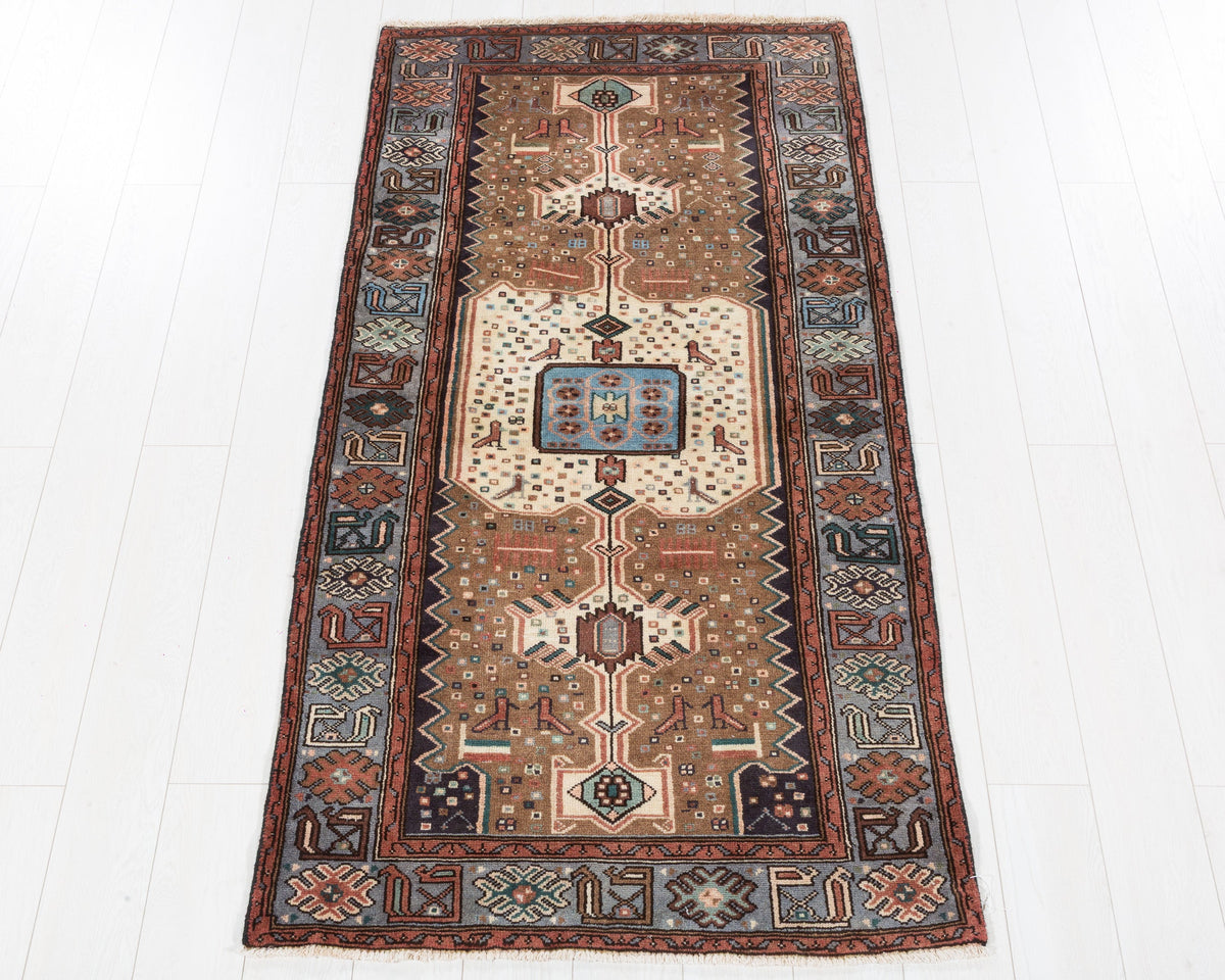 Vintage Tarom Brown and Blue Elongated Central Medallion Area Rug, 3x6 – 6' 3" x 3' 3" (191 x 98 cm), SKU 5462