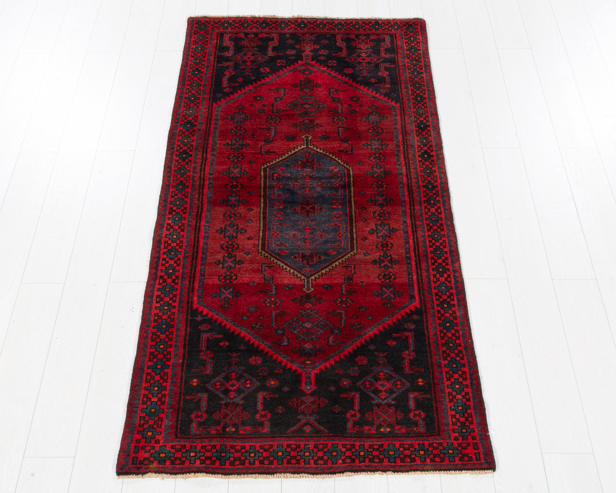 Vintage Zanjan Red and Blue Diamond Medallion Area Rug, 3x7 – 6' 10" x 3' 5" (209 x 104 cm), SKU 5464