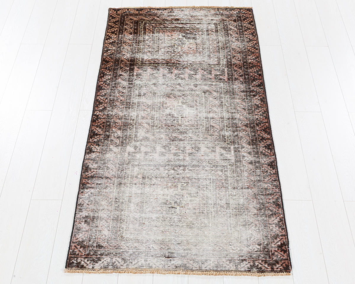 Vintage Baluch Rose Distressed Open Field Area Rug, 3x7 – 6' 6" x 3' 1" (199 x 95 cm), SKU 5465