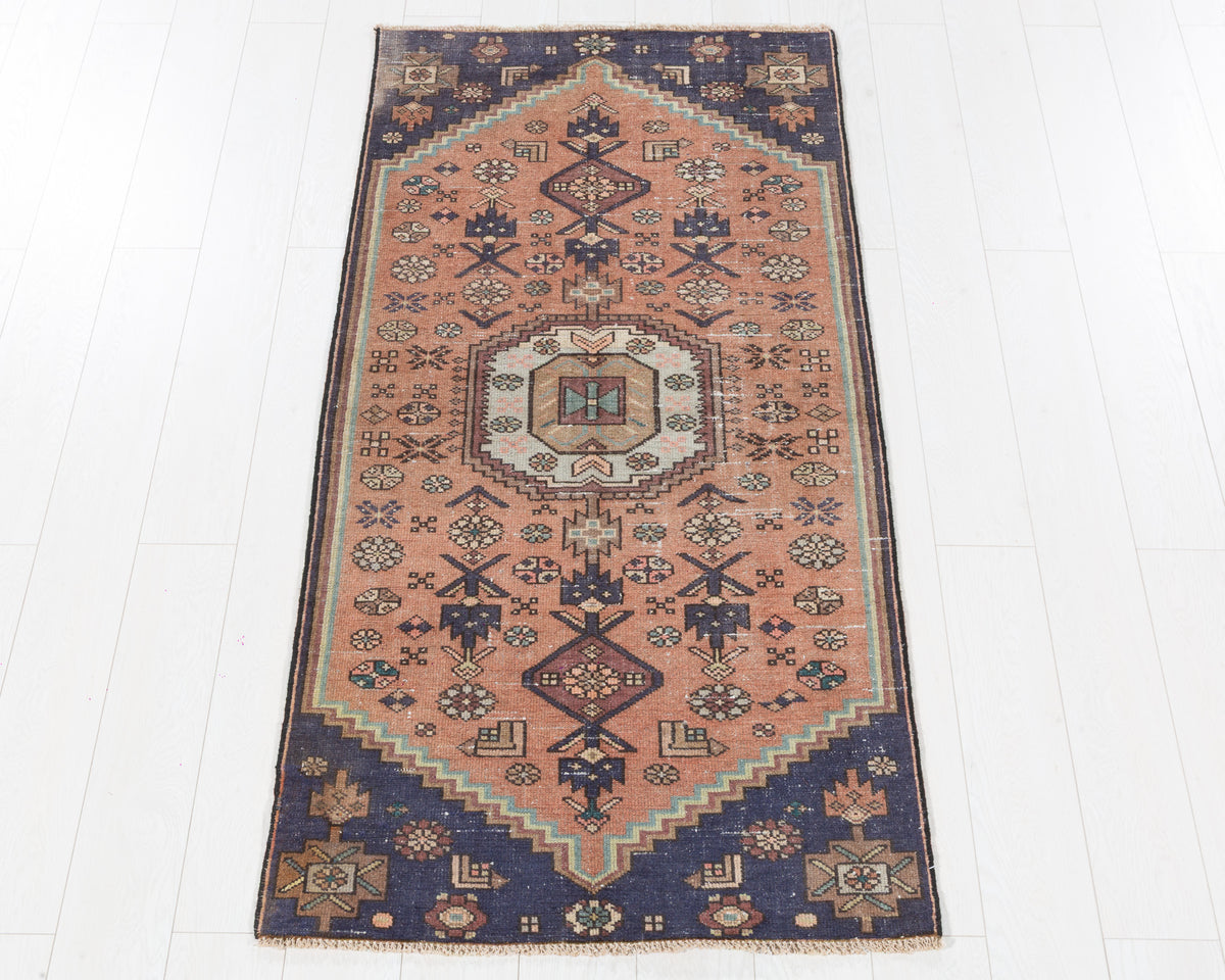 Vintage Hamadan Faded Peach Faded Geometric Medallion Area Rug, 3x6 – 5' 10" x 2' 10" (179 x 86 cm), SKU 5466