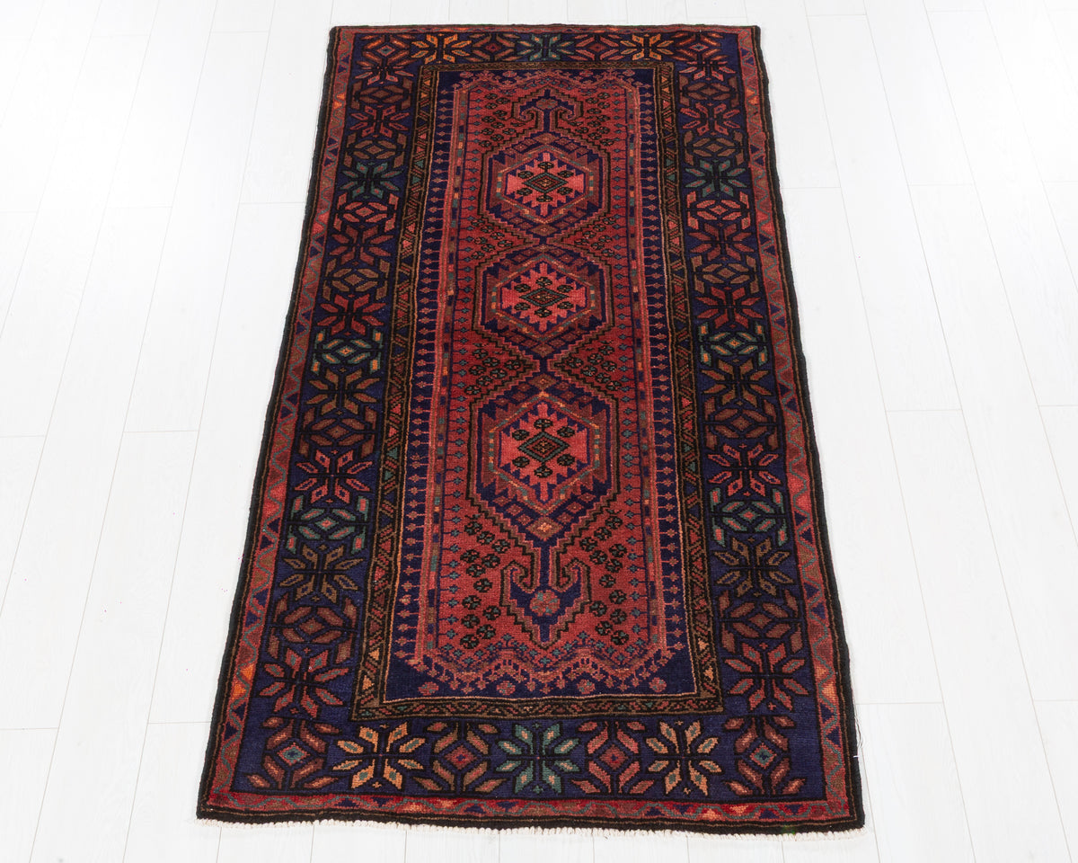 Vintage Zanjan Rust Red and Navy Blue Triple Diamond Medallion Area Rug, 3x7 – 6' 7" x 3' 5" (200 x 103 cm), SKU 5467