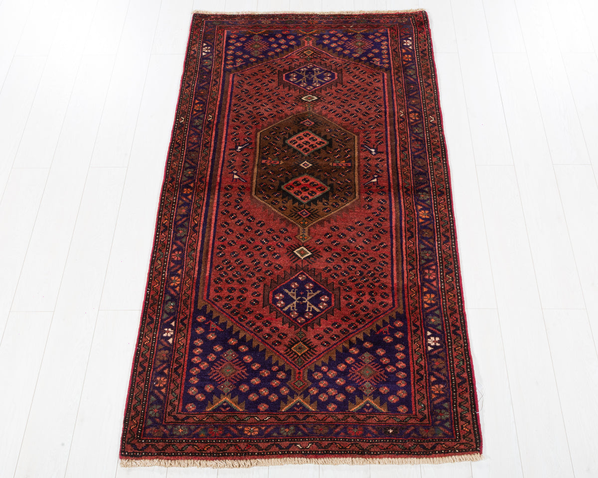 Vintage Zanjan Rust Red and Navy Blue Allover Small Diamond Field Area Rug, 3x6 – 6' 4" x 3' 6" (194 x 106 cm), SKU 5468