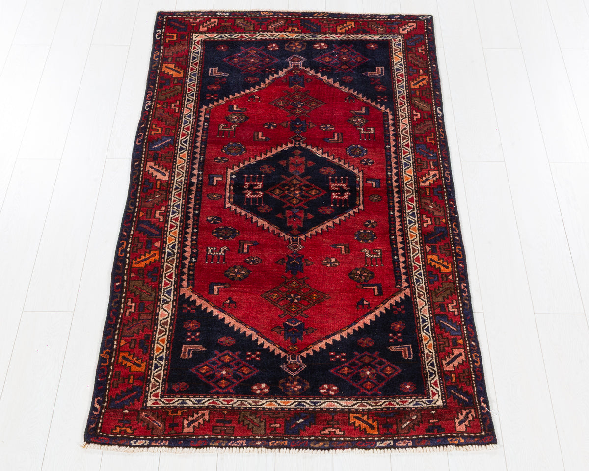 Vintage Zanjan Red and Deep Navy Blue Central Geometric Medallion Area Rug, 3x6 – 6' 1" x 3' 5" (185 x 104 cm), SKU 5469