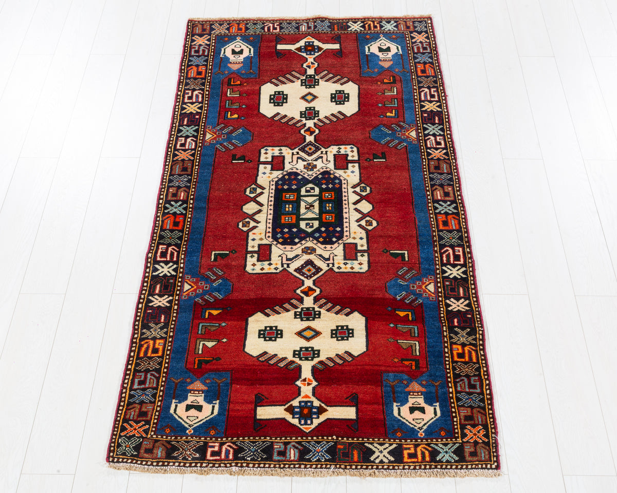 Vintage Tarom Red and Blue Tribal Stepped Medallion Area Rug, 3x7 – 6' 8" x 3' 6" (204 x 106 cm), SKU 5471