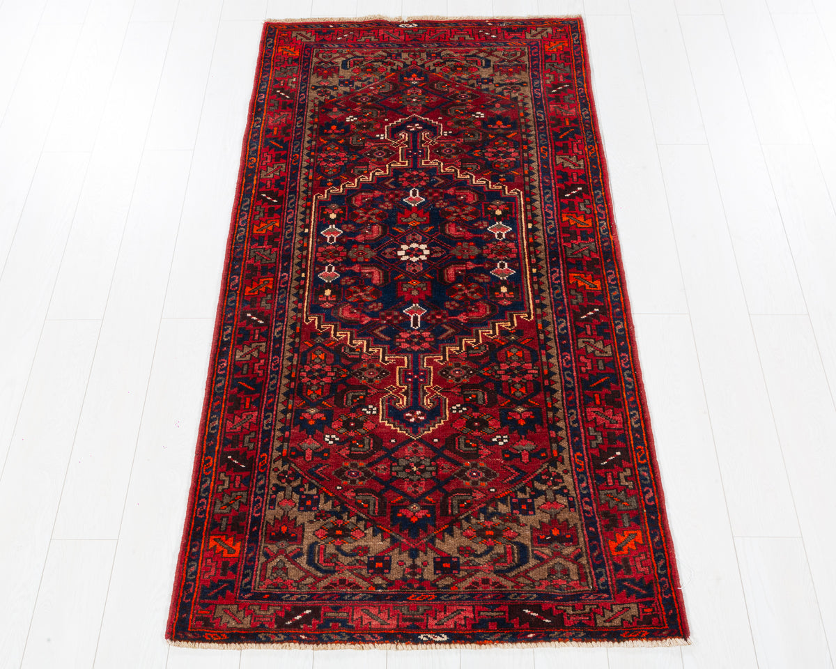Vintage Zanjan Red and Navy Blue Intricate Central Medallion Area Rug, 3x7 – 6' 8" x 3' 5" (203 x 103 cm), SKU 5473