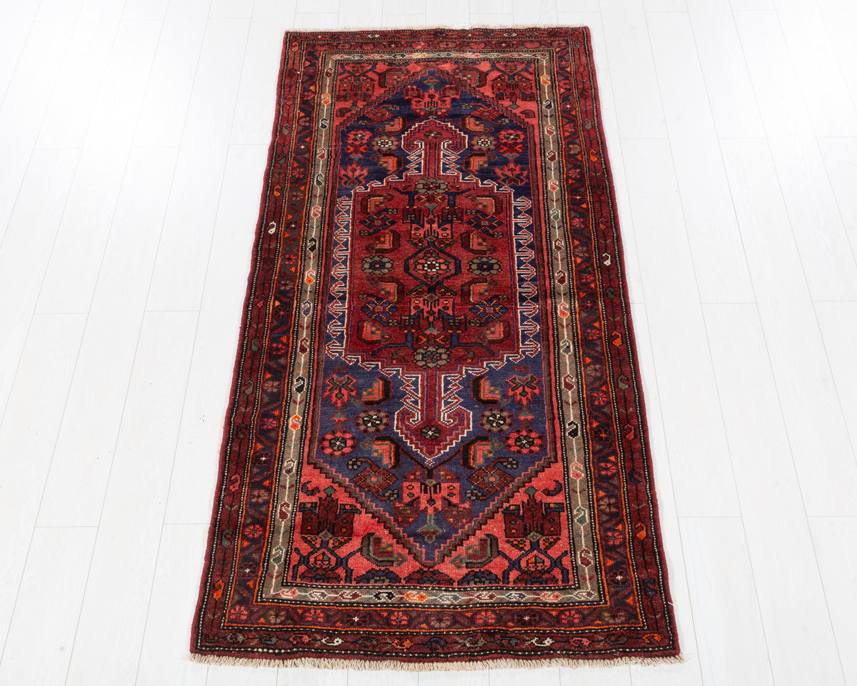 Vintage Zanjan Rust Red and Navy Blue Allover Lattice Medallion Area Rug, 3x7 – 6' 8" x 3' 3" (204 x 100 cm), SKU 5477