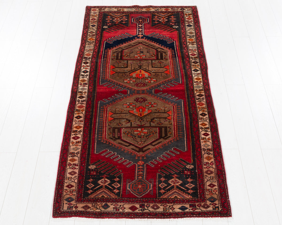 Vintage Tarom Red and Charcoal Black Twin Medallion Area Rug, 3x7 – 7' 3" x 3' 5" (220 x 105 cm), SKU 5479