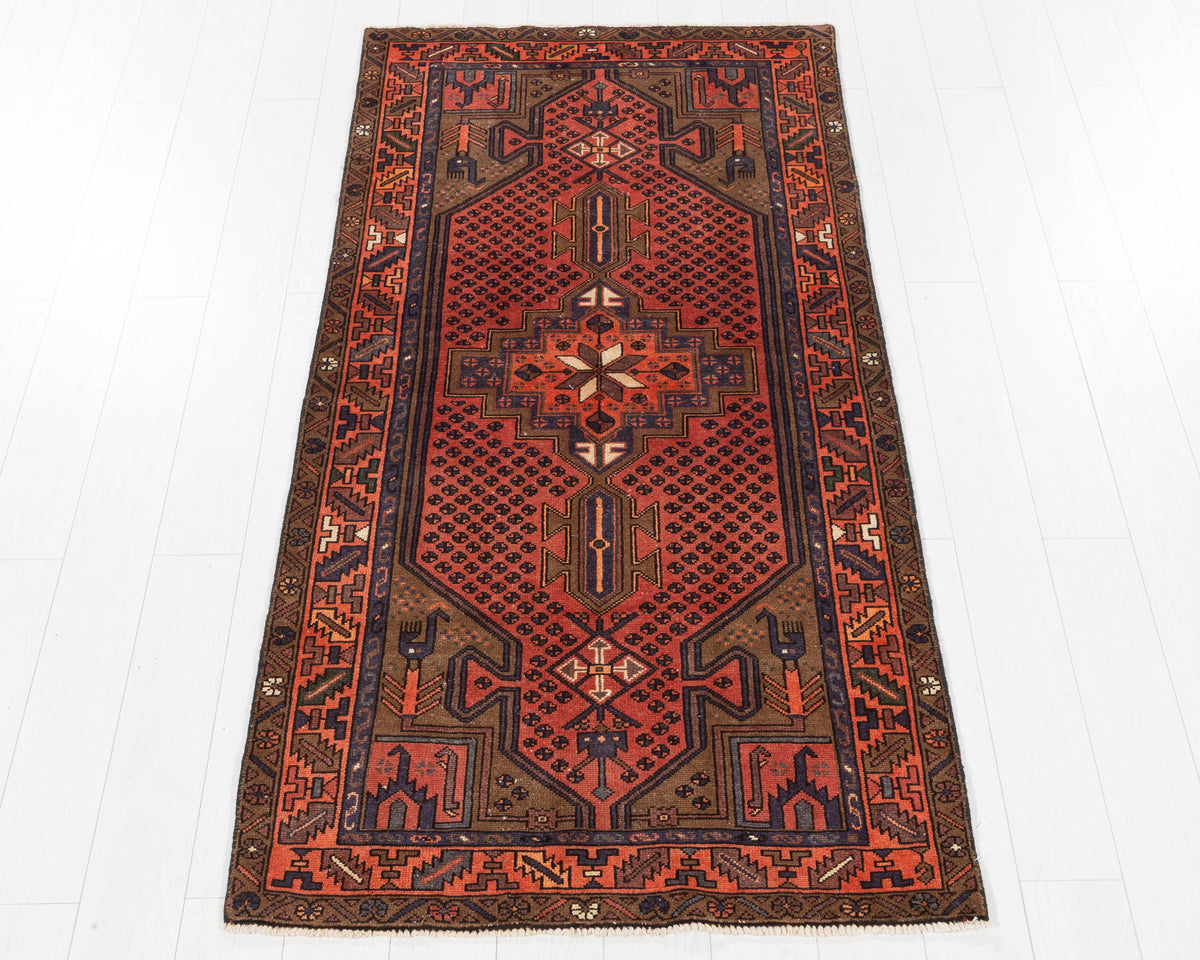 Vintage Zanjan Brick Red Allover Lattice and Medallion Area Rug, 3x7 – 6' 11" x 3' 5" (210 x 104 cm), SKU 5480