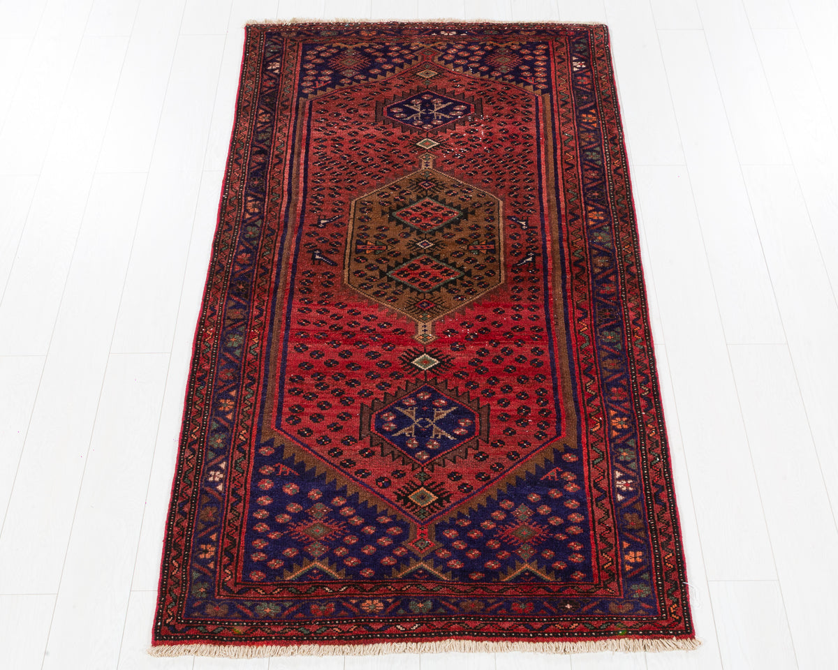 Vintage Zanjan Rust Red and Navy Blue Elongated Medallion Area Rug, 4x6 – 5' 10" x 3' 7" (179 x 109 cm), SKU 5482