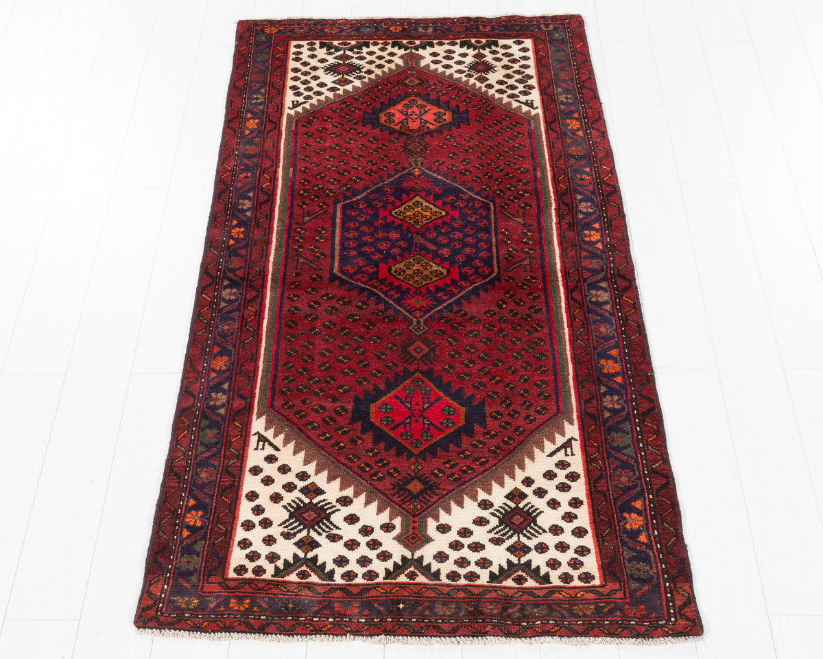 Vintage Zanjan Rust Red and Navy Blue Three Diamond Medallion Area Rug, 3x6 – 6' 6" x 3' 5" (198 x 104 cm), SKU 5483
