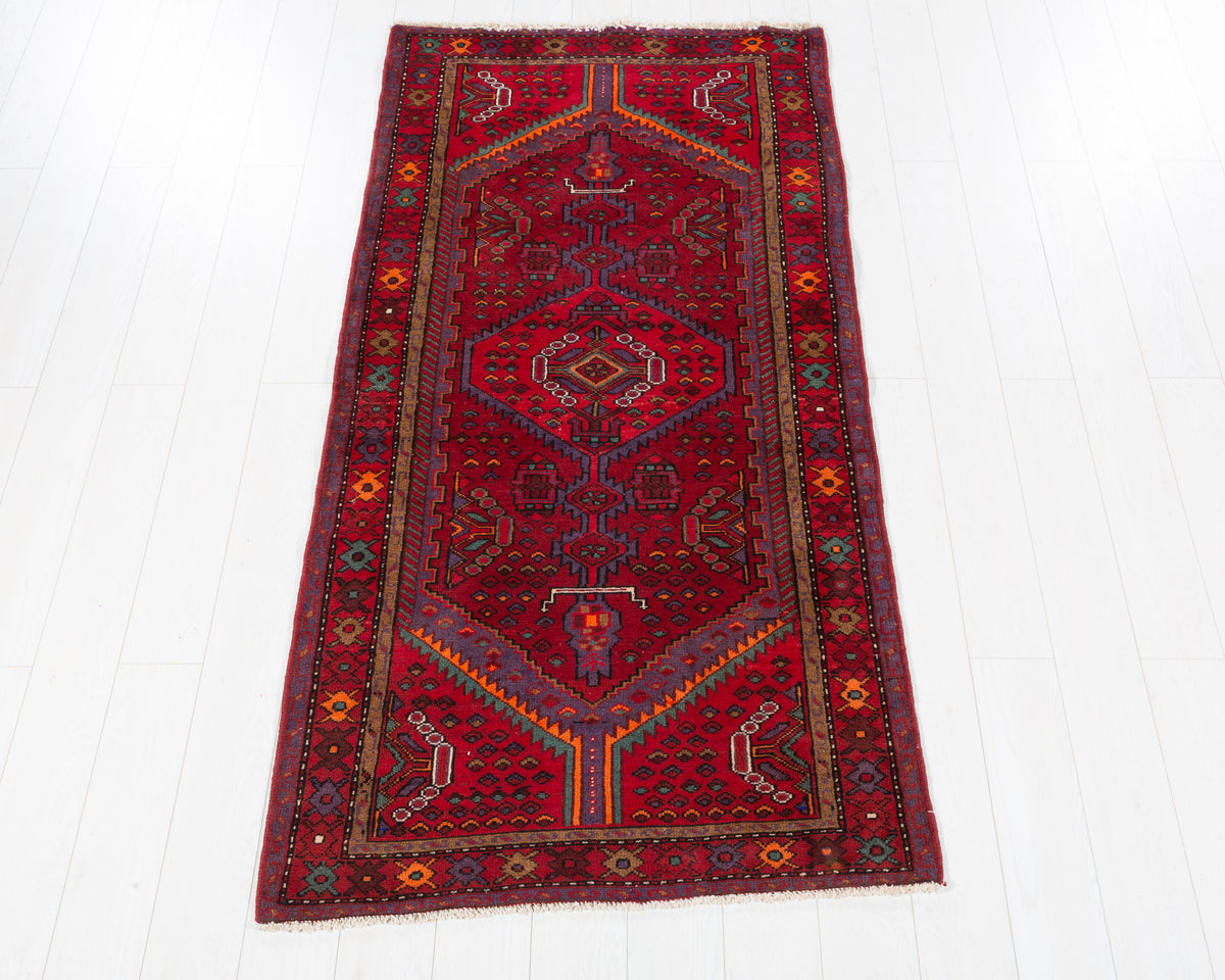 Vintage Zanjan Red Geometric Medallion Area Rug, 3x7 – 6' 10" x 3' 5" (209 x 105 cm), SKU 5487