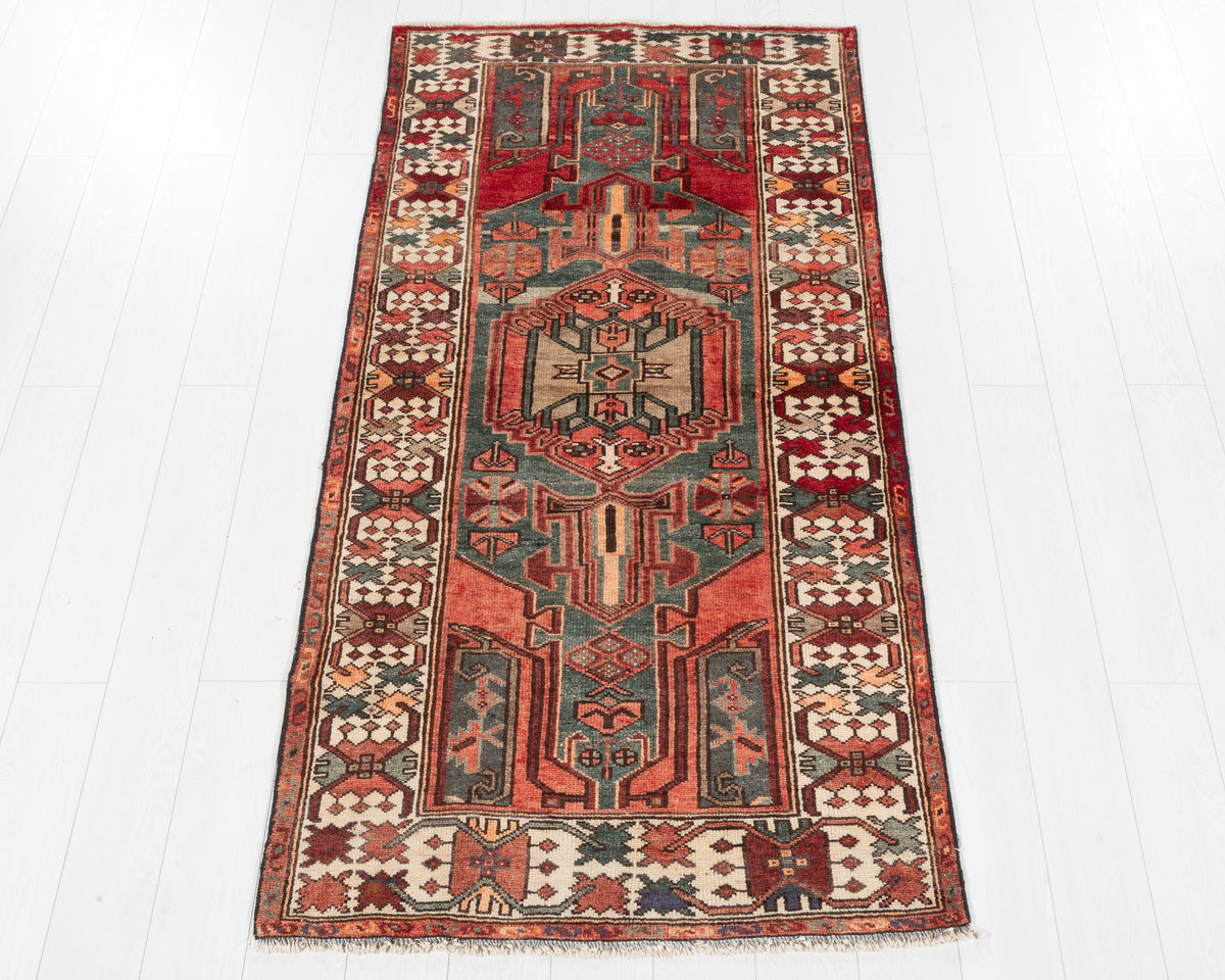 Vintage Zanjan Faded Red Faded Geometric Medallion Area Rug, 3x7 – 6' 8" x 3' 5" (204 x 104 cm), SKU 5488