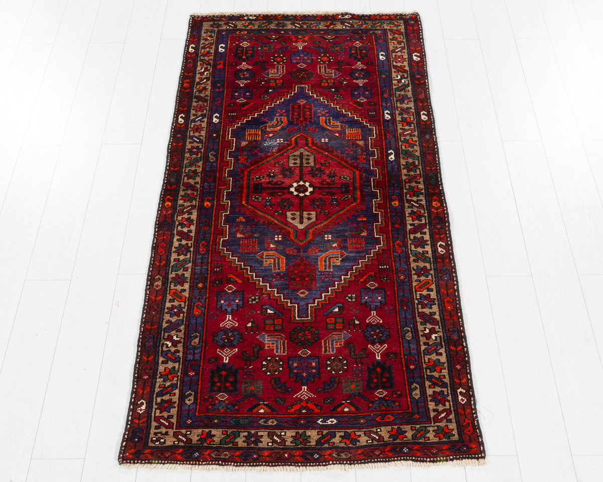 Vintage Zanjan Red and Navy Blue Central Medallion Area Rug, 3x7 – 6' 7" x 3' 2" (201 x 97 cm), SKU 5491