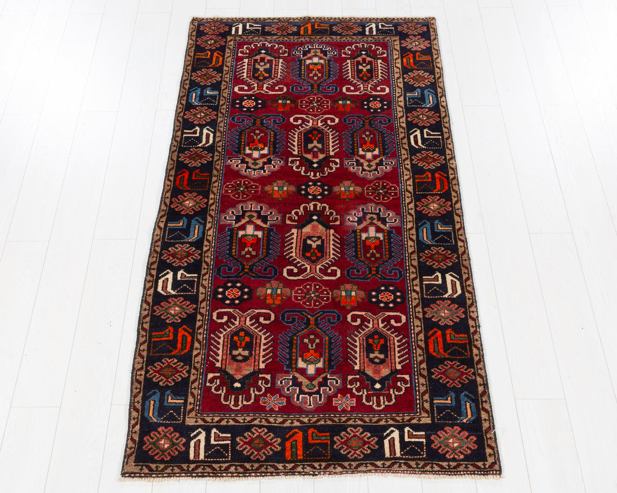 Vintage Tarom Red and Deep Navy Blue Tribal Allover Area Rug, 3x6 – 6' 5" x 3' 5" (196 x 103 cm), SKU 5498