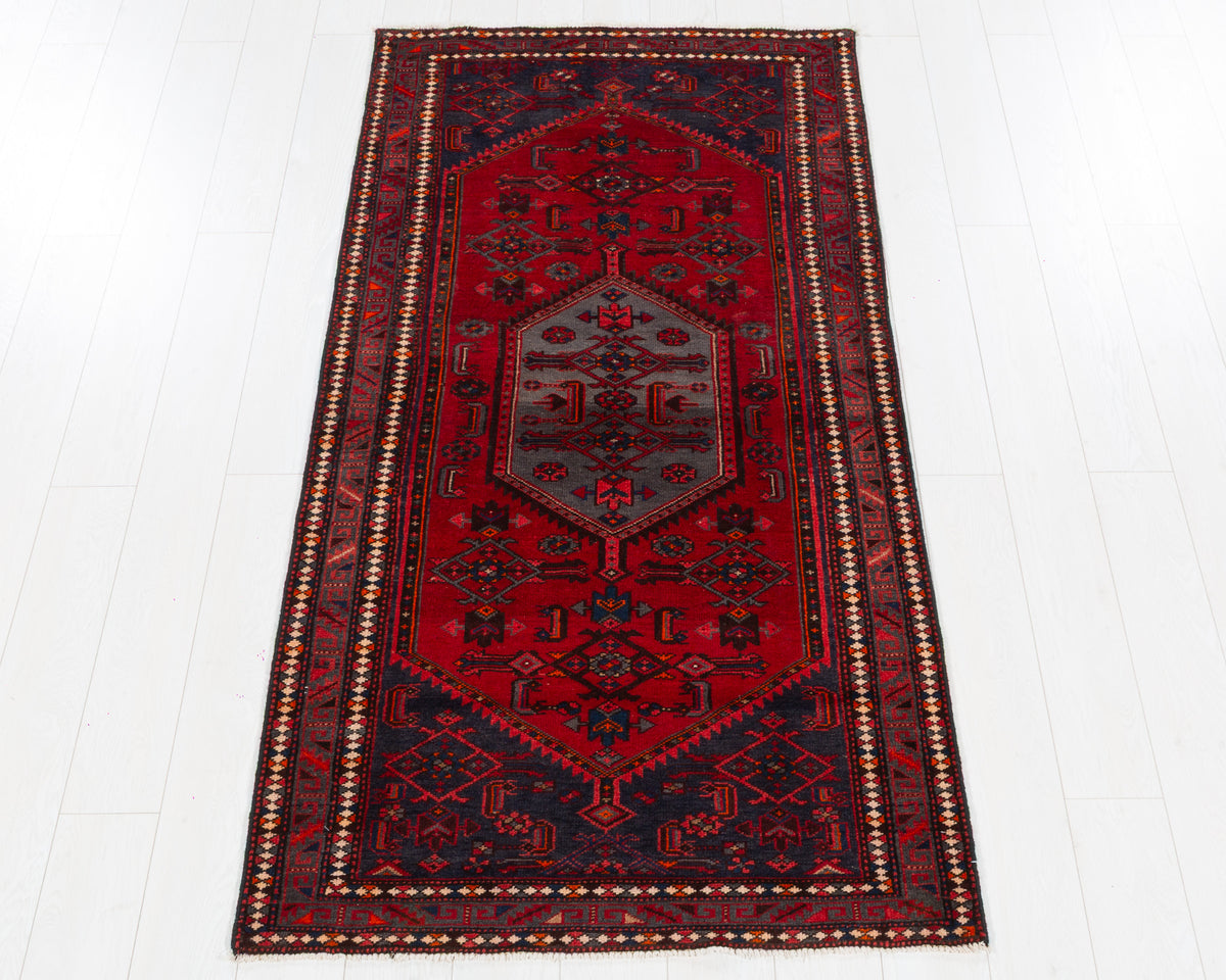 Vintage Zanjan Red and Navy Blue Central Medallion Area Rug, 3x7 – 6' 9" x 3' 5" (206 x 103 cm), SKU 5499