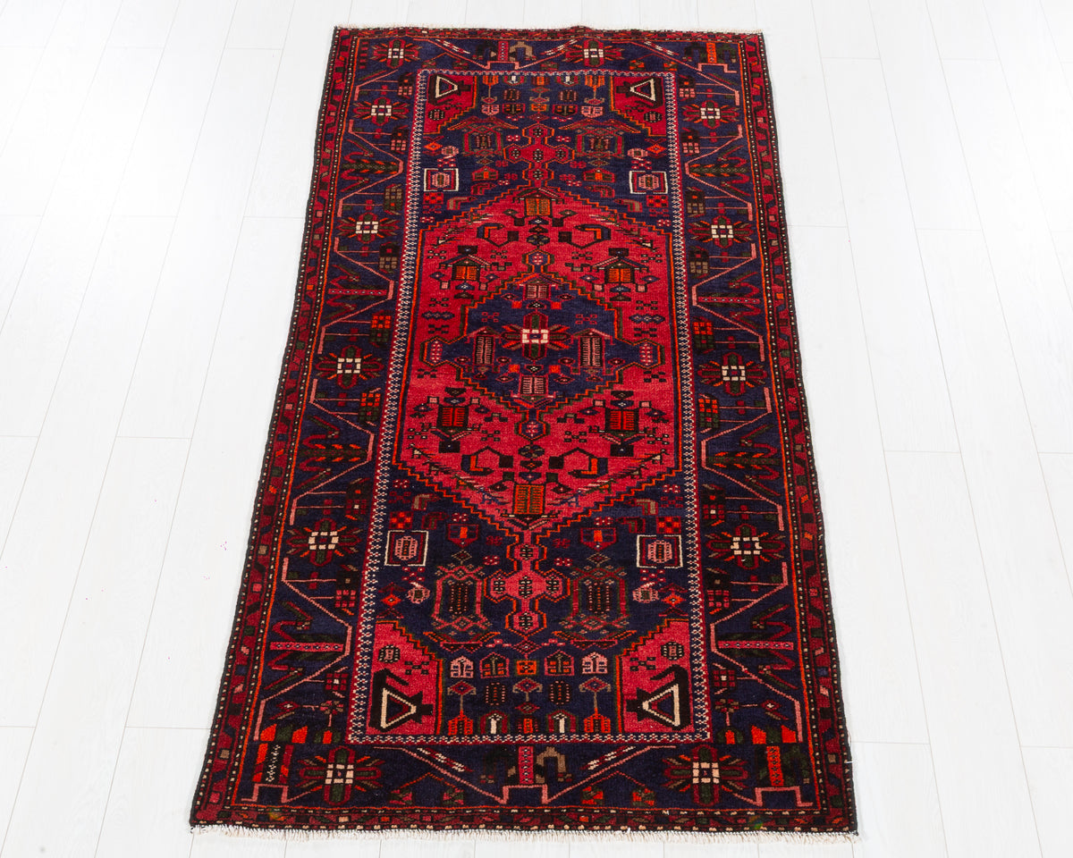 Vintage Zanjan Red and Navy Blue Geometric Medallion Area Rug, 3x7 – 6' 9" x 3' 4" (206 x 102 cm), SKU 5500