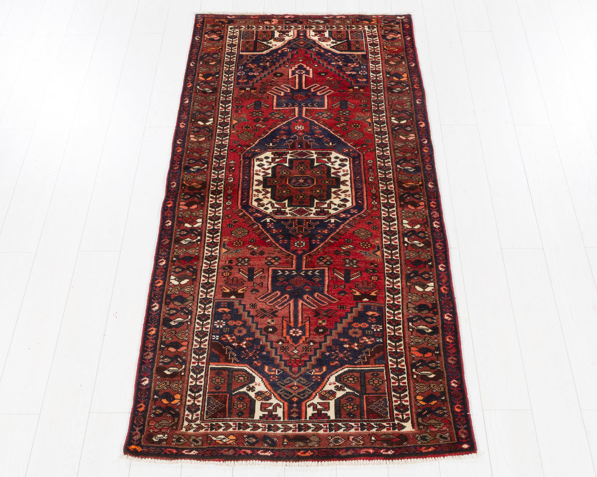 Vintage Zanjan Rust Red and Navy Blue Central Medallion Area Rug, 3x7 – 6' 10" x 3' 3" (208 x 100 cm), SKU 5503