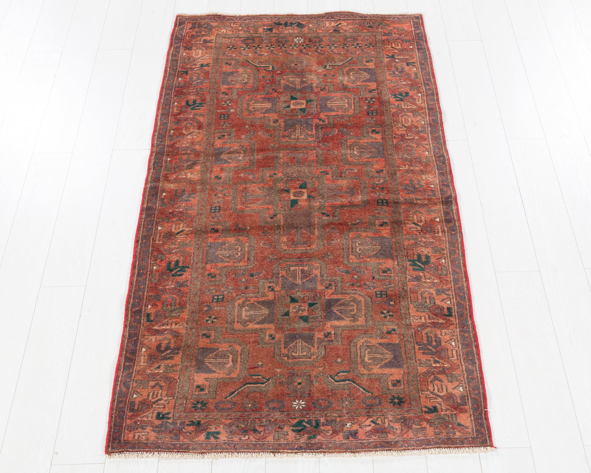 Vintage Tarom Faded Brick Red Allover Geometric Area Rug, 4x7 – 6' 7" x 3' 7" (201 x 109 cm), SKU 5504