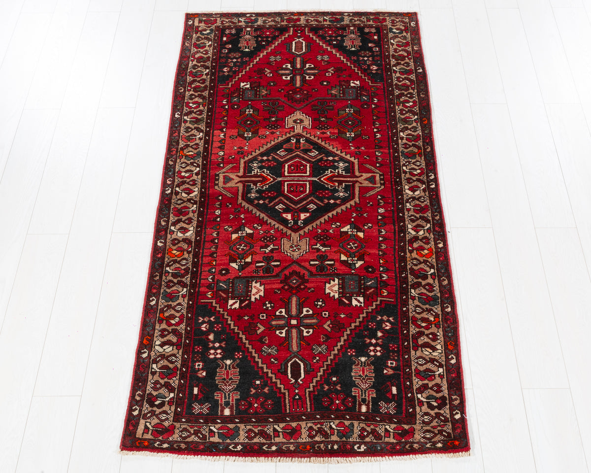 Vintage Zanjan Red and Brown Three Diamond Medallions Area Rug, 3x7 – 6' 6" x 3' 3" (199 x 100 cm), SKU 5510