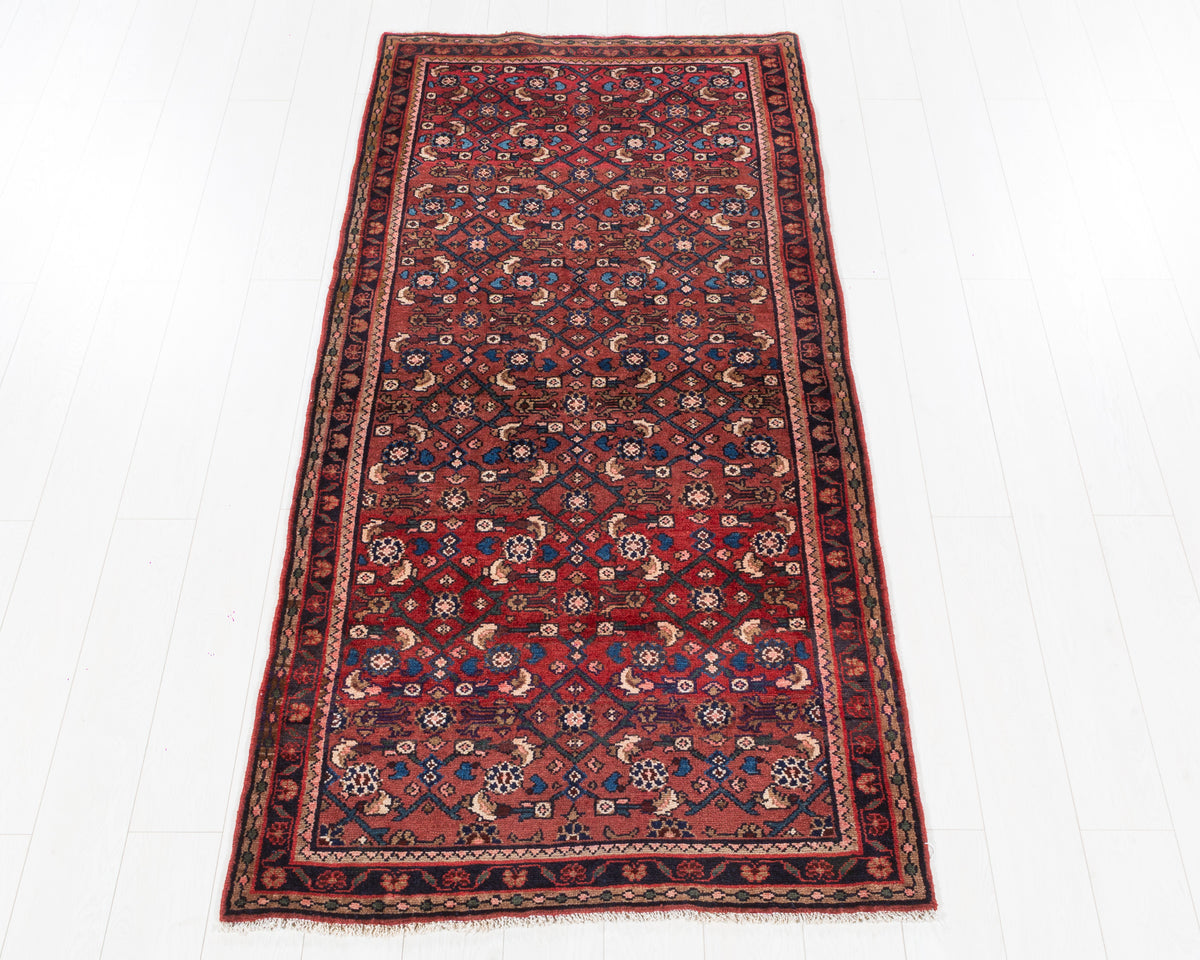 Vintage Hamadan Rust Red Allover Diamond Lattice Area Rug, 3x7 – 7' 2" x 3' 5" (219 x 105 cm), SKU 5517
