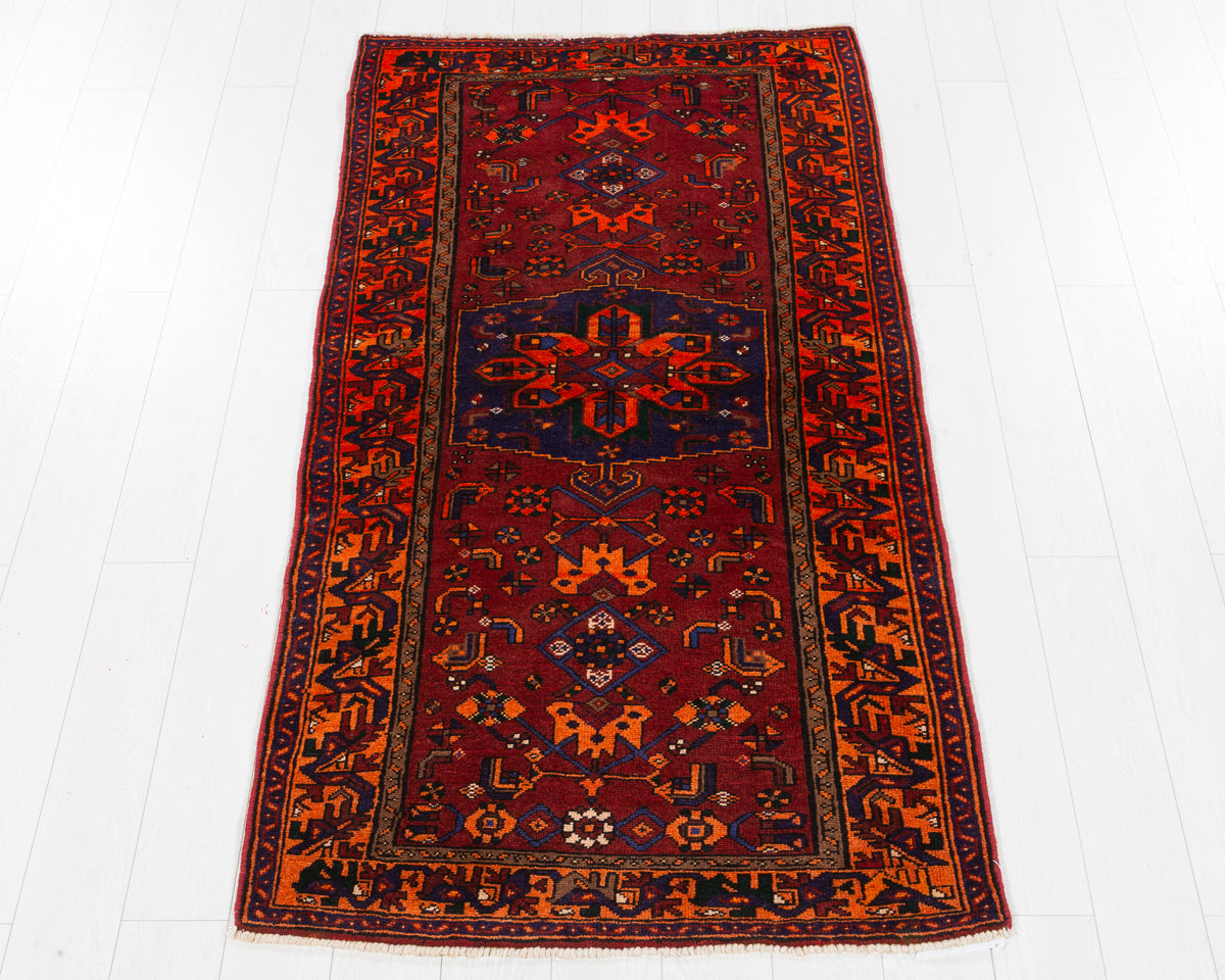 Vintage Zanjan Rust Red, Orange, and Navy Blue Floral Medallion Area Rug, 3x7 – 6' 7" x 3' 5" (200 x 105 cm), SKU 5520