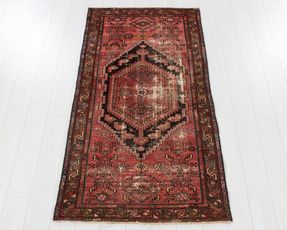 Vintage Zanjan Distressed Brick Red and Black Medallion Area Rug, 3x6 – 6' 6" x 3' 3" (197 x 100 cm), SKU 5524