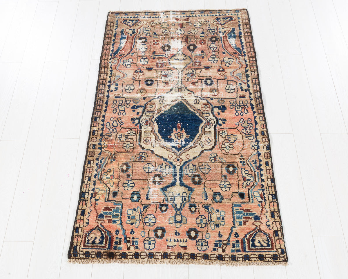 Vintage Malayer Distressed Peach Floral Medallion Area Rug, 3x6 – 5' 9" x 3' 2" (176 x 97 cm), SKU 5526