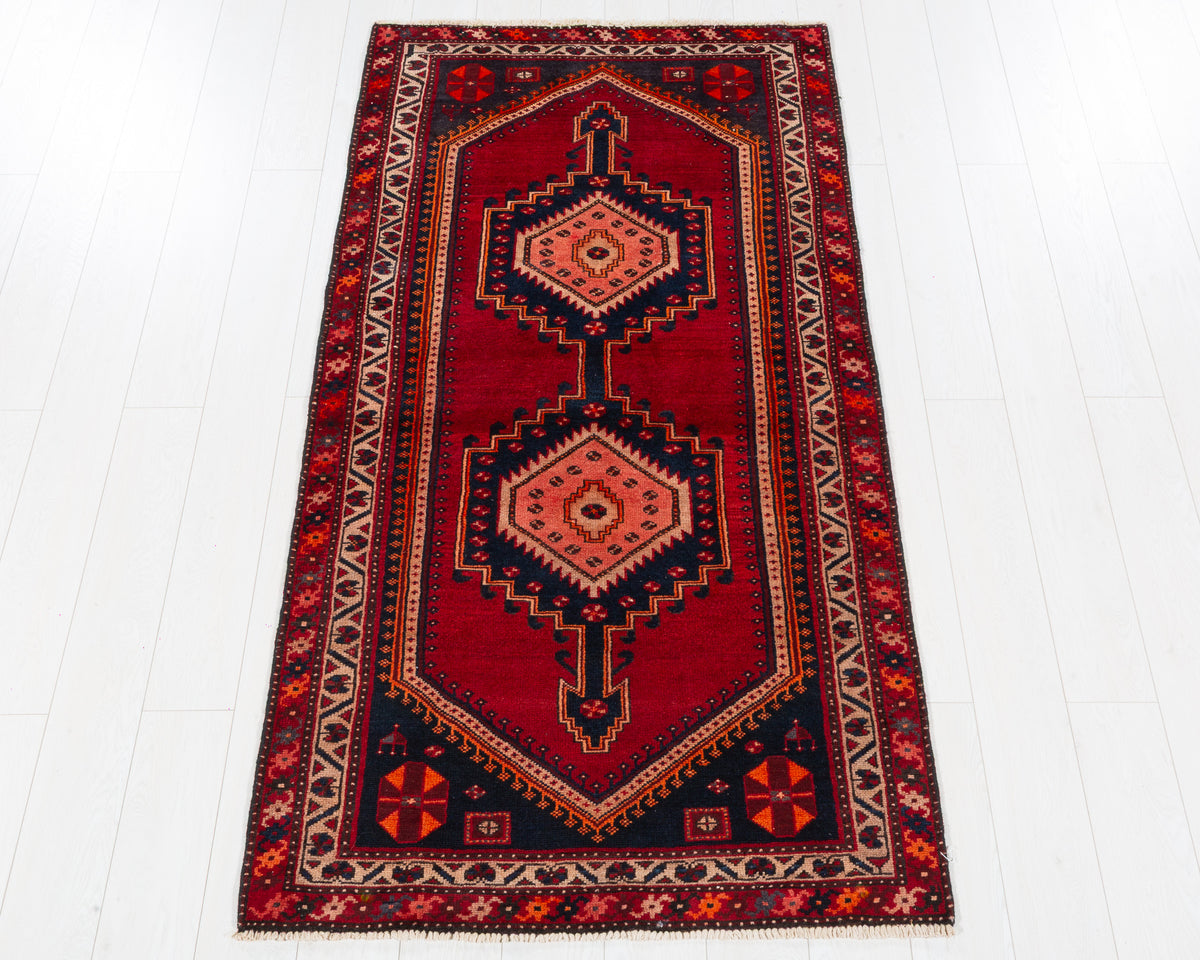 Vintage Zanjan Red and Pink Double Medallion Area Rug, 3x7 – 6' 7" x 3' 5" (201 x 104 cm), SKU 5527
