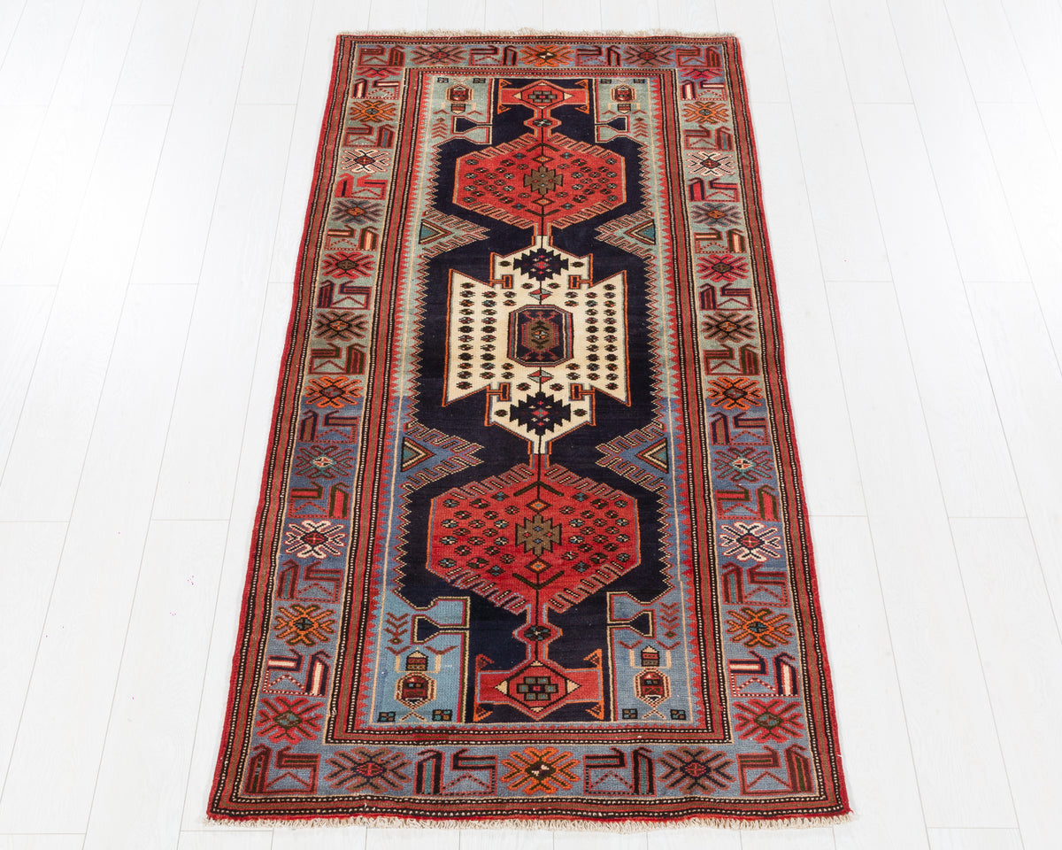 Vintage Tarom Blue, Navy Blue, and Red Triple Diamond Medallion Area Rug, 3x7 – 6' 9" x 3' 3" (205 x 100 cm), SKU 5528