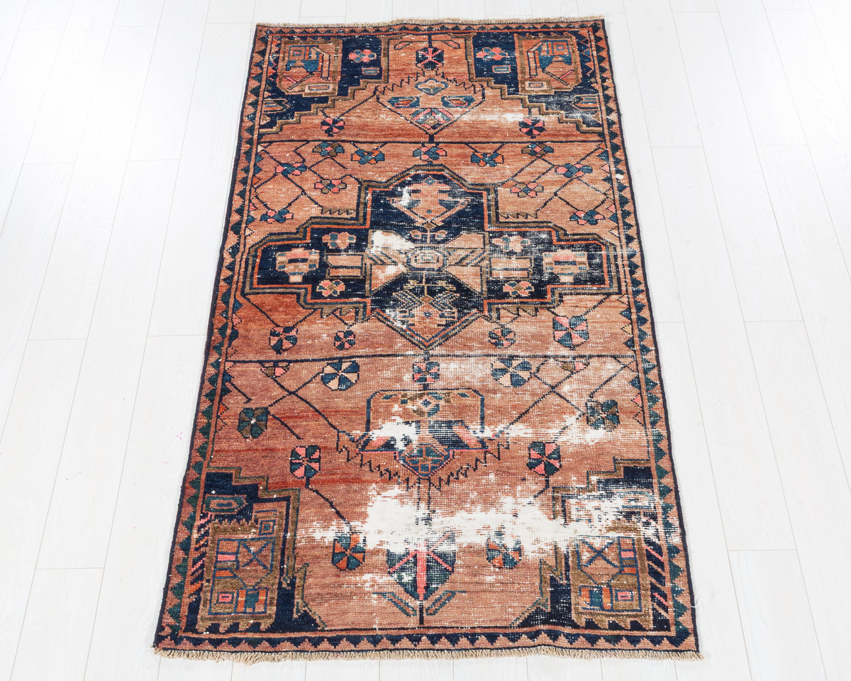 Vintage Lori Distressed Peach and Navy Blue Geometric Medallion Area Rug, 4x6 – 6' 6" x 3' 7" (197 x 109 cm), SKU 5538