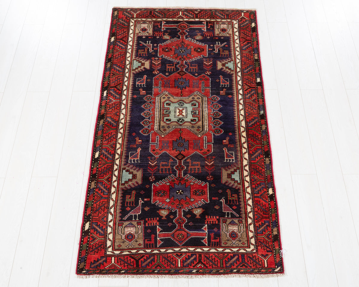Vintage Tarom Navy Blue, Red Pictorial Animal and Geometric Area Rug, 4x6 – 6' 3" x 3' 5" (190 x 104 cm), SKU 5540