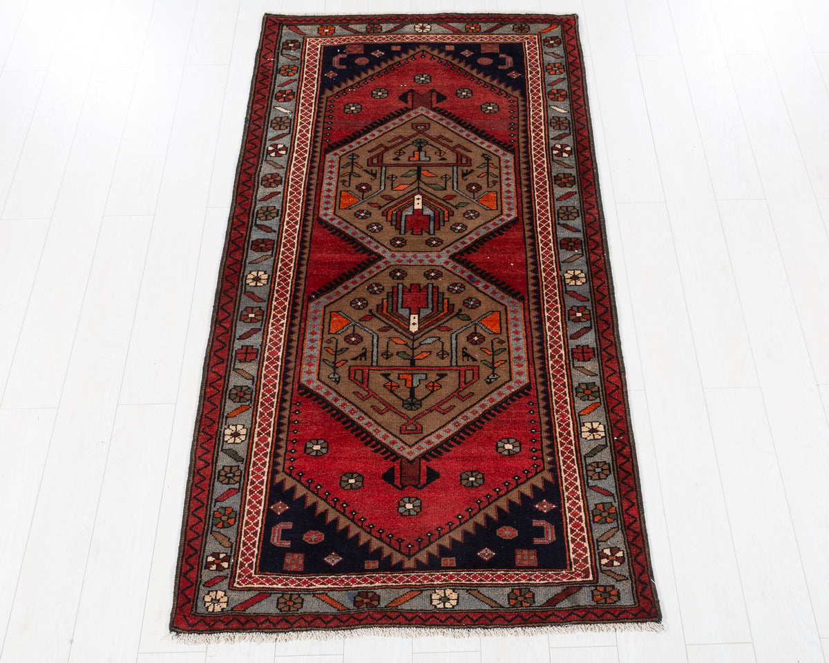Vintage Tarom Red, Brown, Light Blue Double Medallion Geometric Area Rug, 4x6 – 6' 6" x 3' 6" (199 x 106 cm), SKU 5542