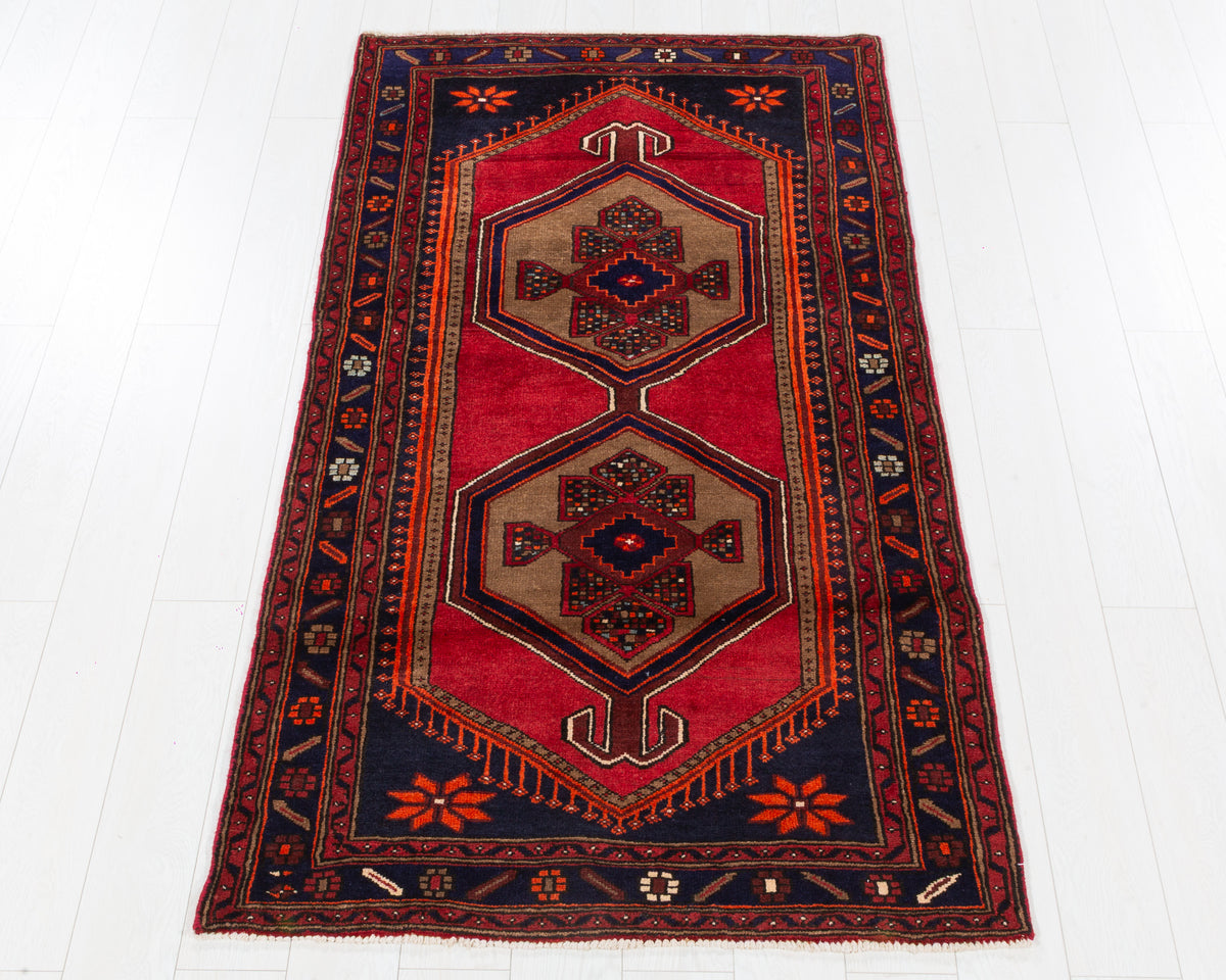 Vintage Tarom Red, Brown, Navy Blue Double Medallion Geometric Area Rug, 4x6 – 6' 9" x 3' 7" (206 x 108 cm), SKU 5546