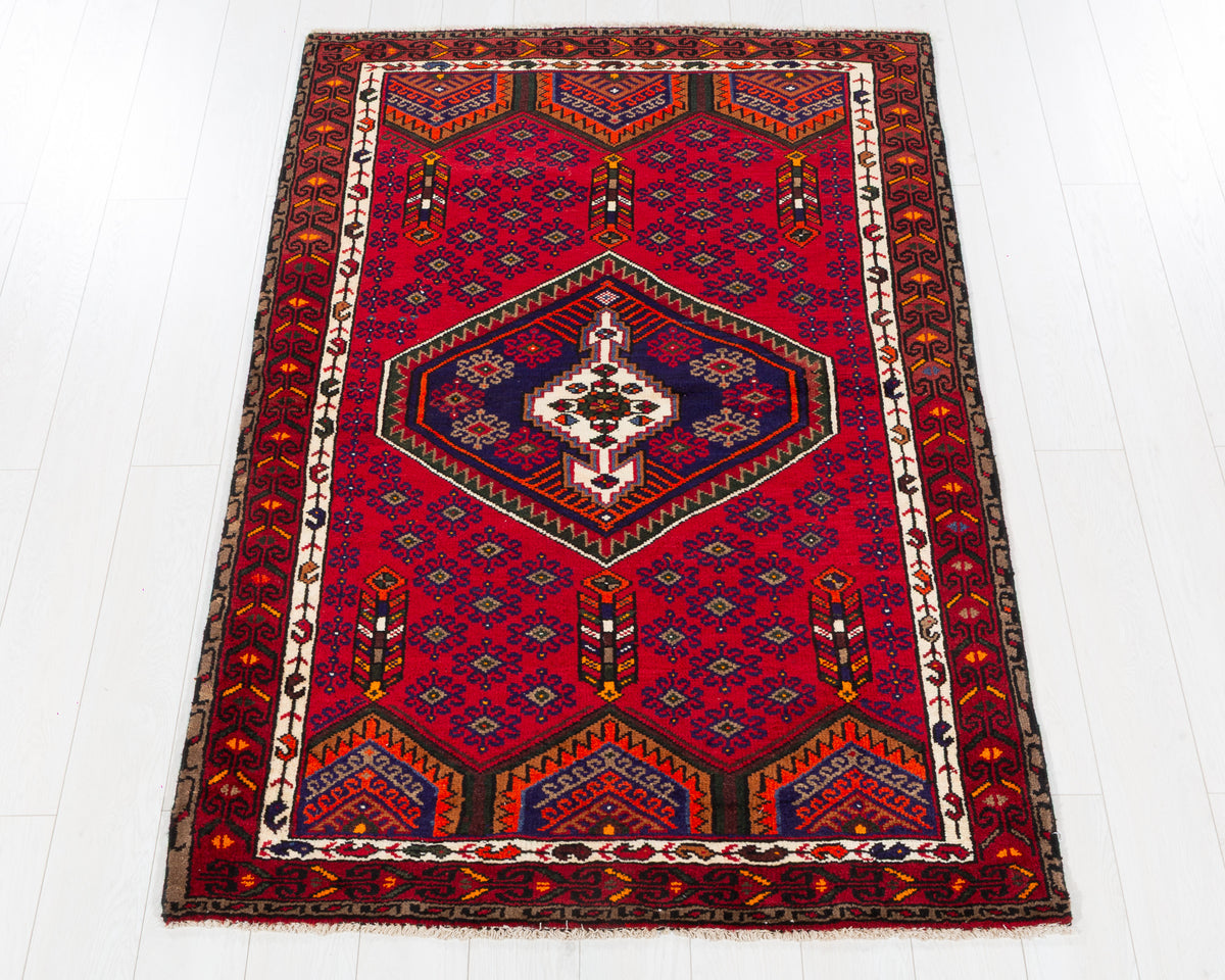 Vintage Zanjan Red, Navy Blue, Orange Triple Medallion Geometric Area Rug, 4x6 – 6' 0" x 4' 0" (184 x 122 cm), SKU 5551