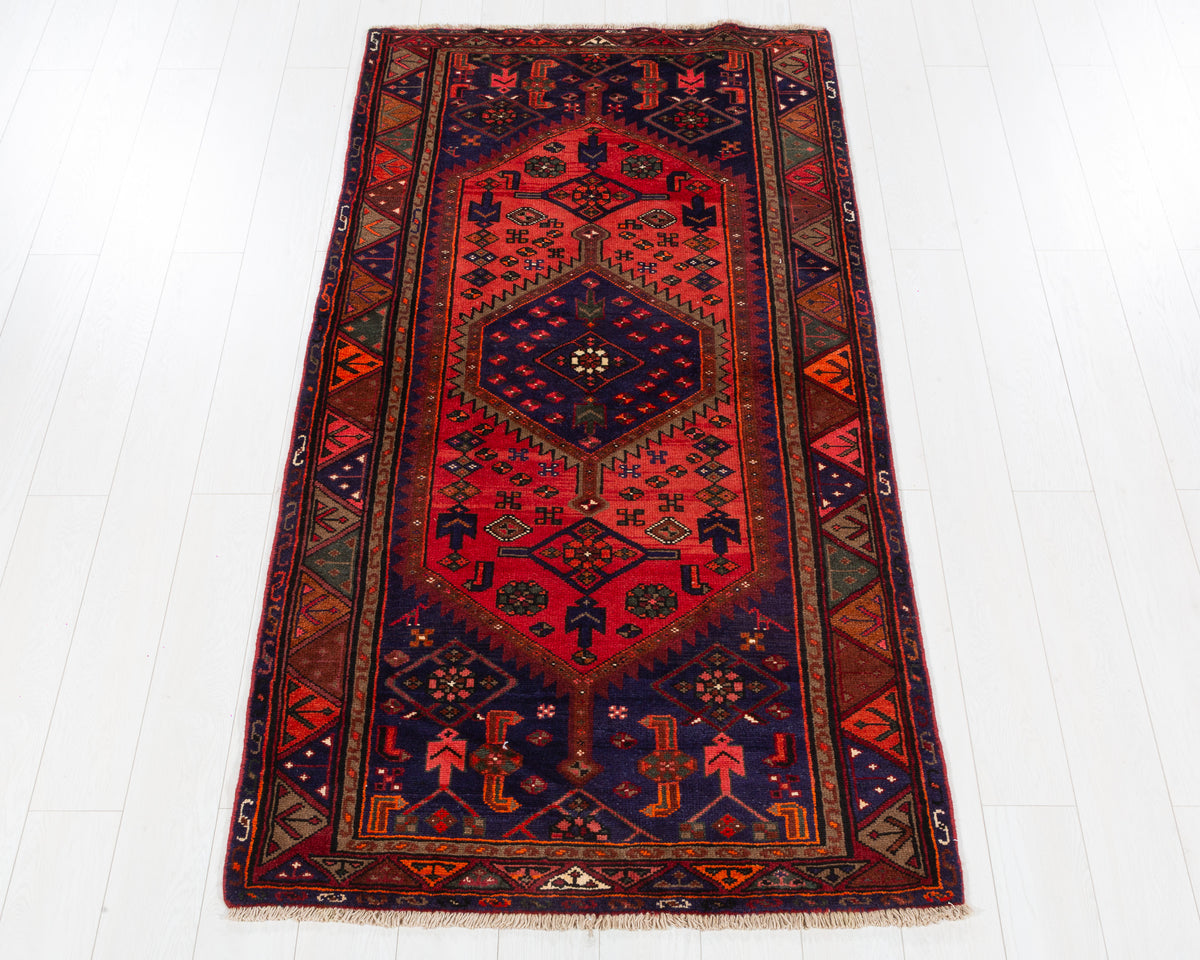 Vintage Zanjan Coral Red, Navy Blue Double Medallion Geometric Area Rug, 4x6 – 6' 11" x 3' 7" (212 x 109 cm), SKU 5555