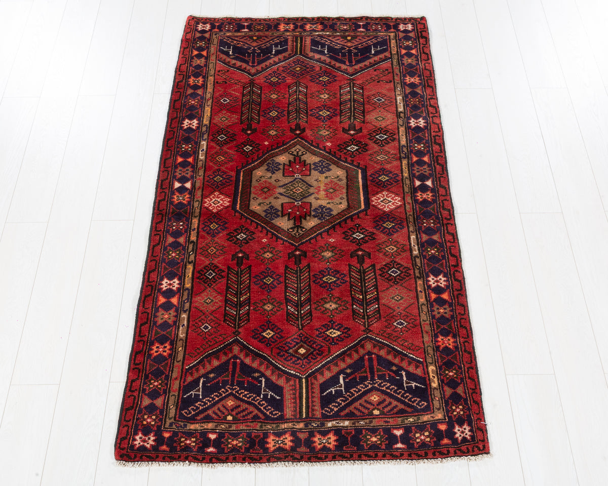 Vintage Zanjan Red, Brown, Navy Blue Hexagonal Medallion Area Rug, 4x6 – 6' 3" x 3' 5" (191 x 103 cm), SKU 5558