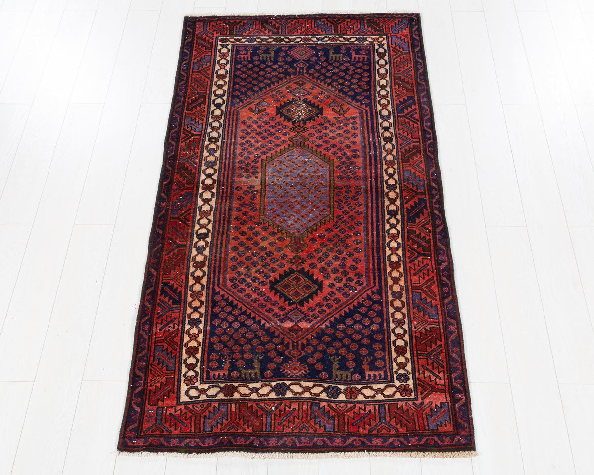 Vintage Zanjan Rust Red, Navy Blue Triple Medallion Geometric Area Rug, 4x6 – 6' 11" x 3' 5" (211 x 105 cm), SKU 5563