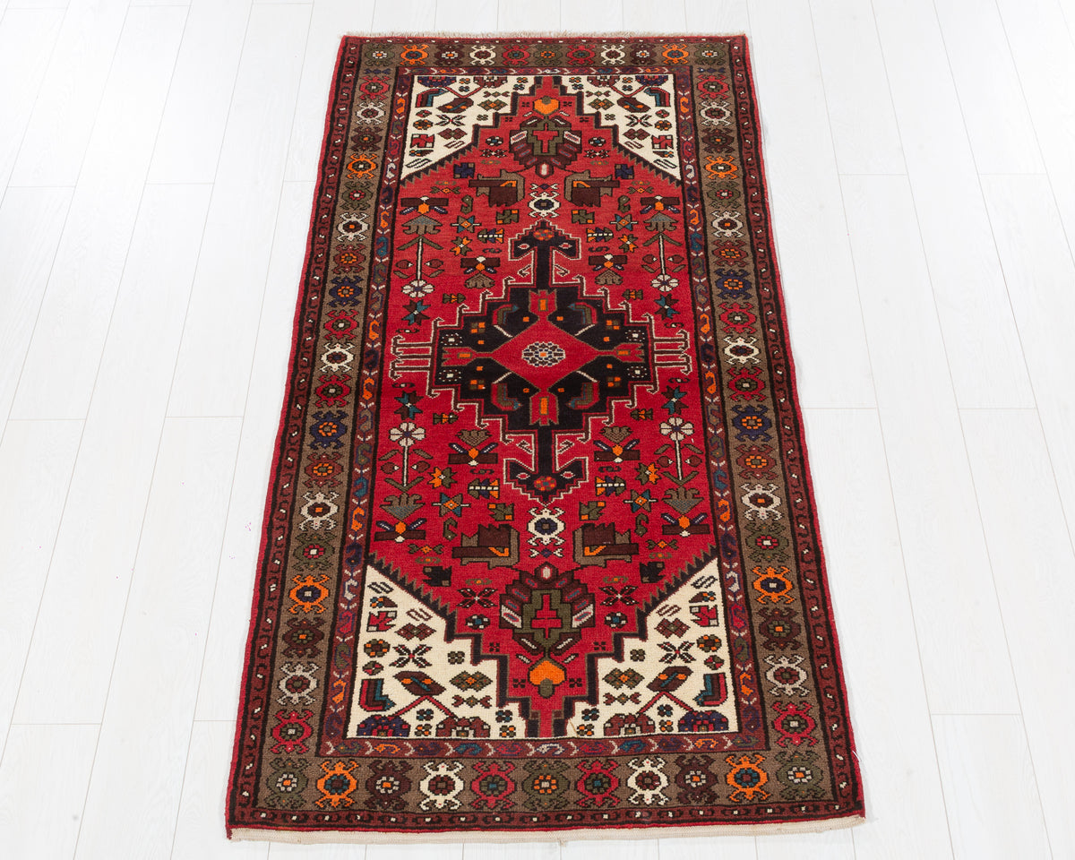 Vintage Zanjan Red, Brown Geometric Medallion Area Rug, 3x6 – 6' 1" x 3' 1" (185 x 95 cm), SKU 5564