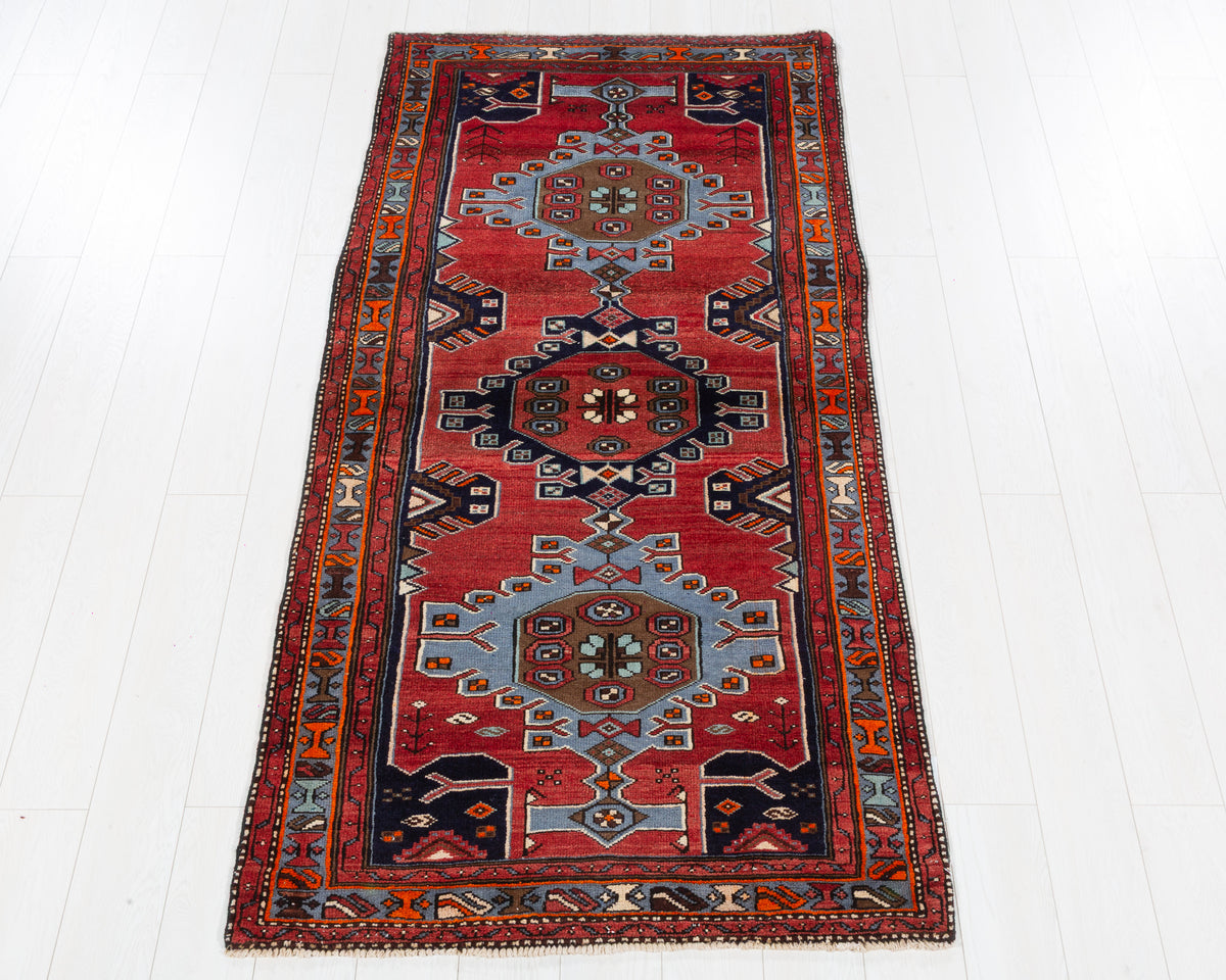 Vintage Zanjan Red, Light Blue, Navy Blue Triple Medallion Geometric Area Rug, 4x6 – 7' 1" x 3' 5" (216 x 105 cm), SKU 5565