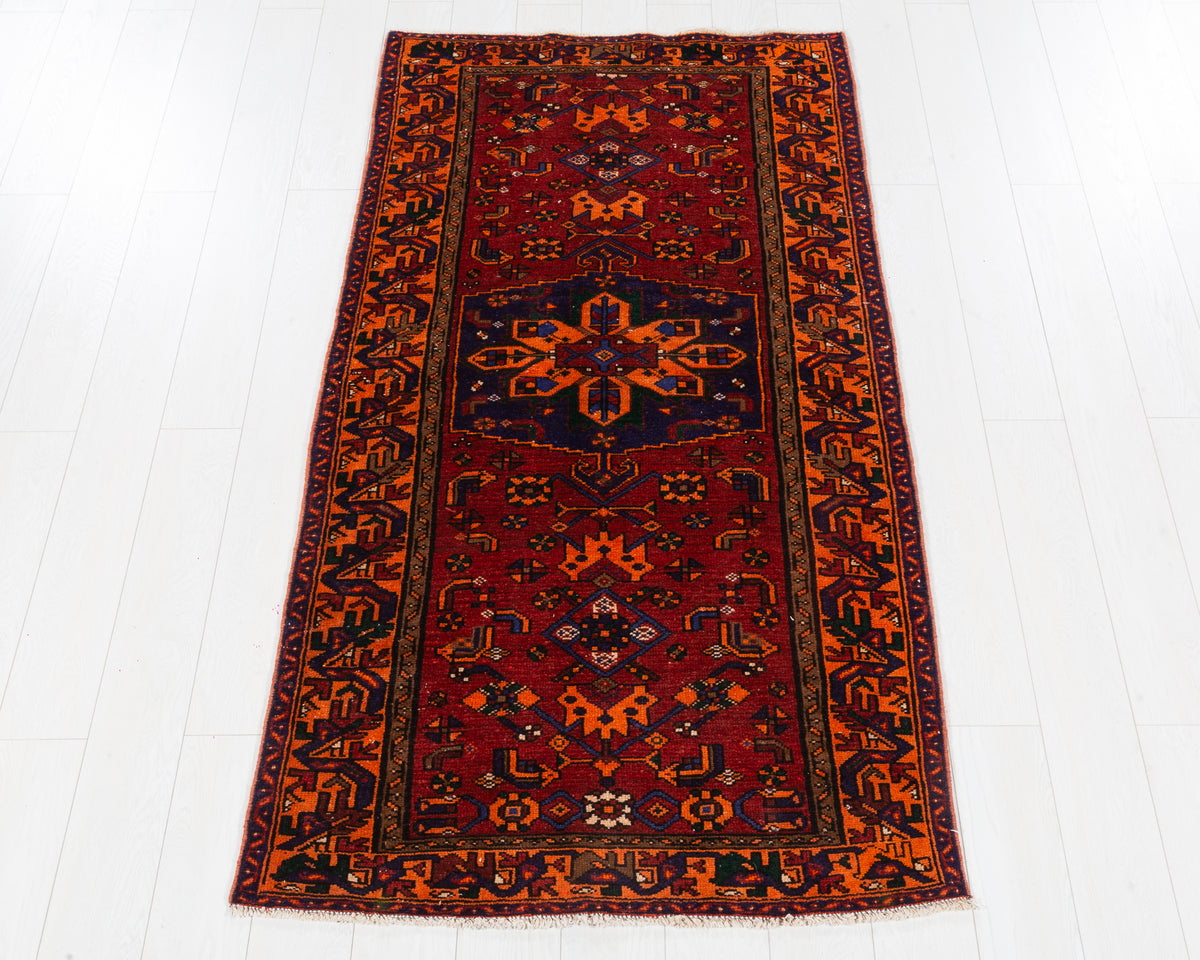 Rare Vintage Zanjan Rust Red, Navy Blue, Orange Allover Geometric Area Rug, 4x6 – 6' 6" x 3' 5" (198 x 104 cm), SKU 5571