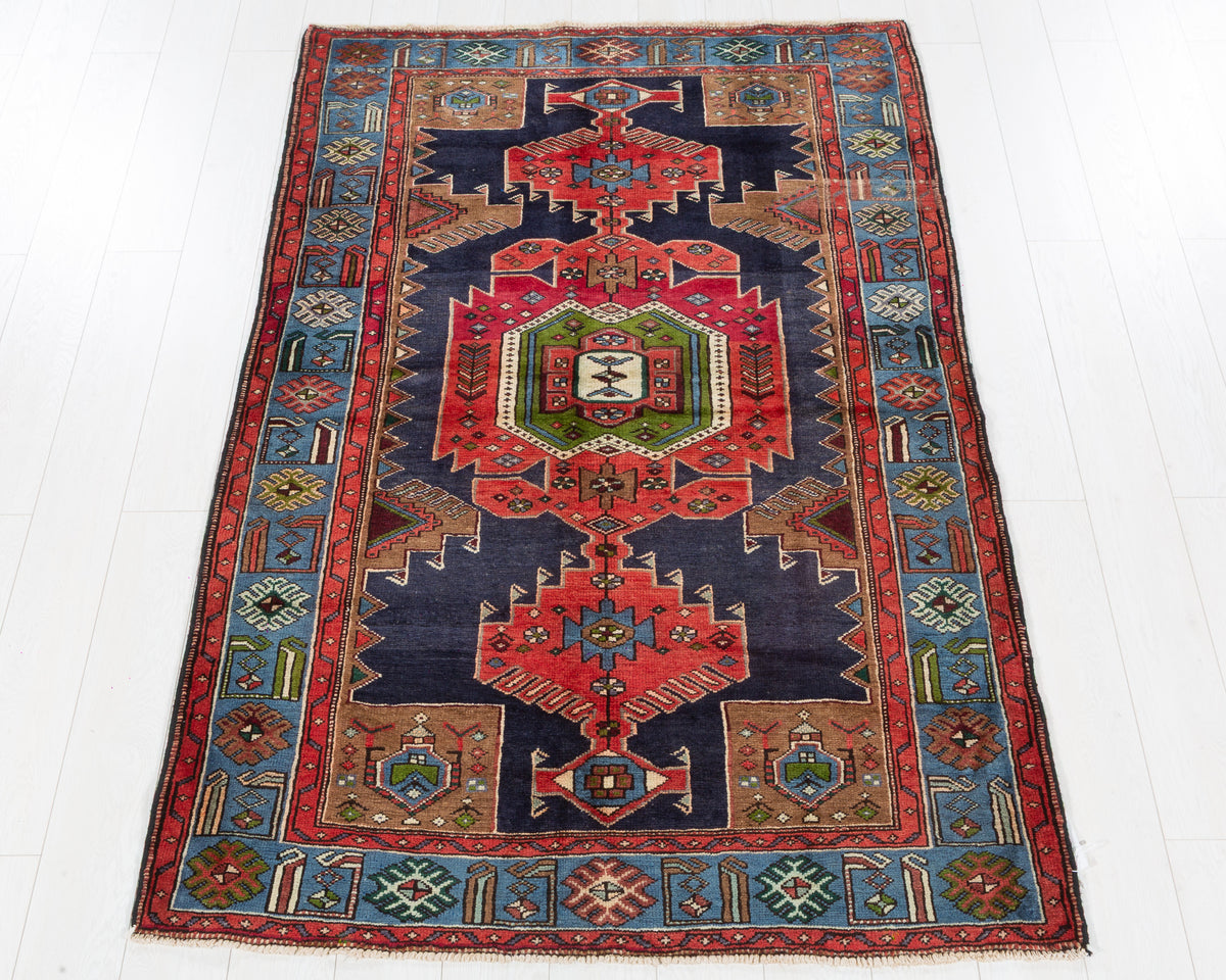 Rare Vintage Tarom Red, Navy Blue, Light Blue, Green Brown Pictorial Geometric Area Rug, 4x6 – 6' 8" x 4' 3" (203 x 130 cm), SKU 5574