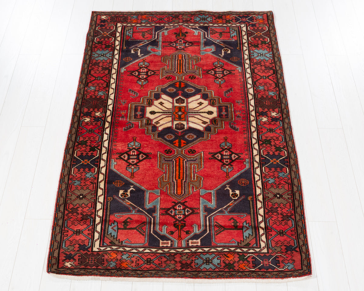 Rare Vintage Zanjan Coral Red, Navy Blue Floral Medallion Area Rug, 4x6 – 6' 5" x 4' 3" (195 x 130 cm), SKU 5575