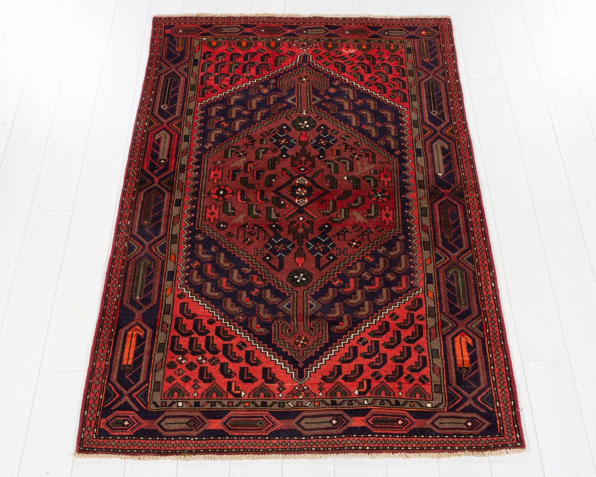 Vintage Zanjan Rust Red, Coral, Navy Blue Central Medallion Area Rug, 4x6 – 6' 2" x 4' 2" (187 x 126 cm), SKU 5581