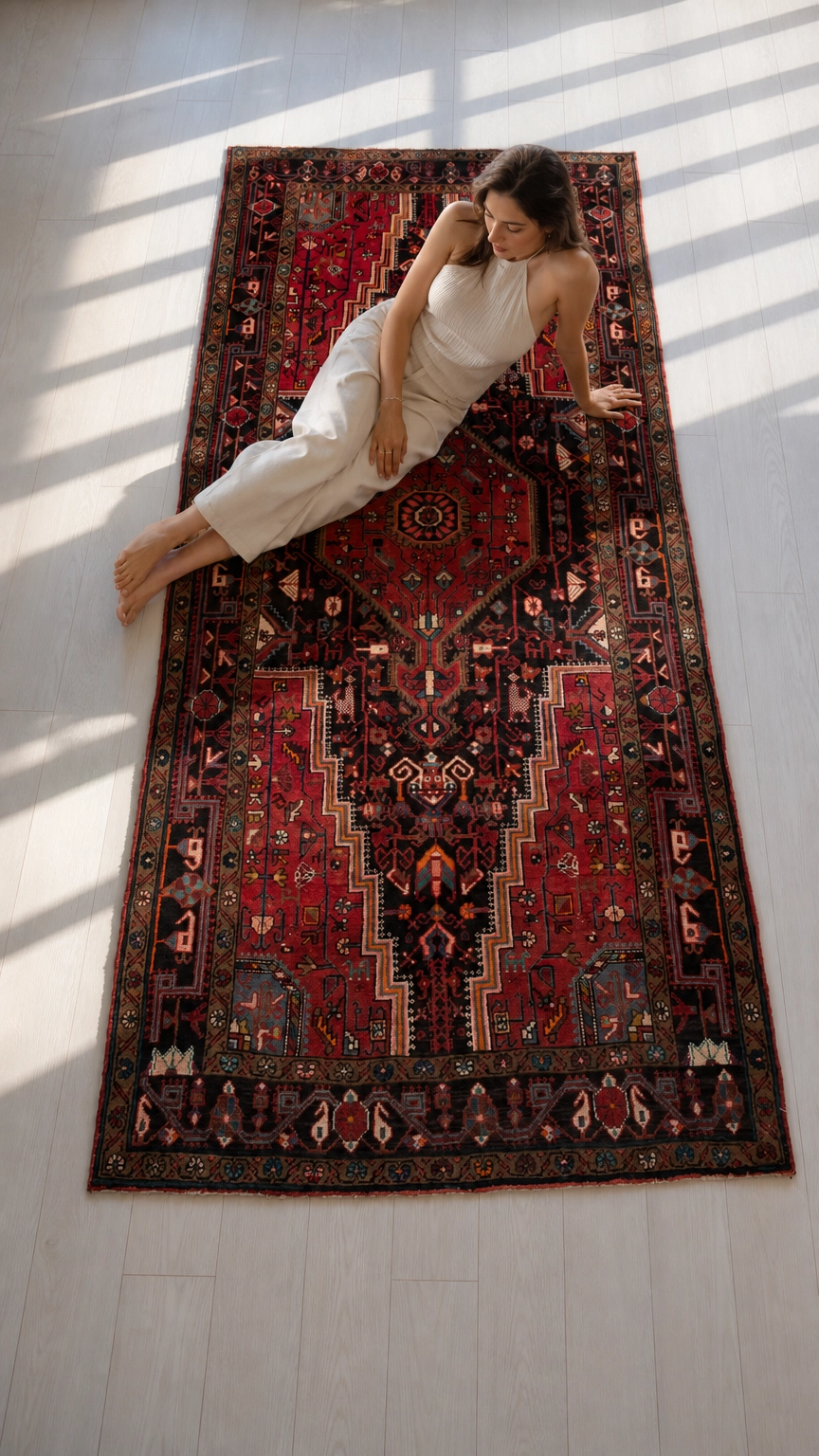 Hand-Knotted Vintage Wool Area Rug – 10' 11" x 5' (332 × 152 cm) - Yasi & Fara