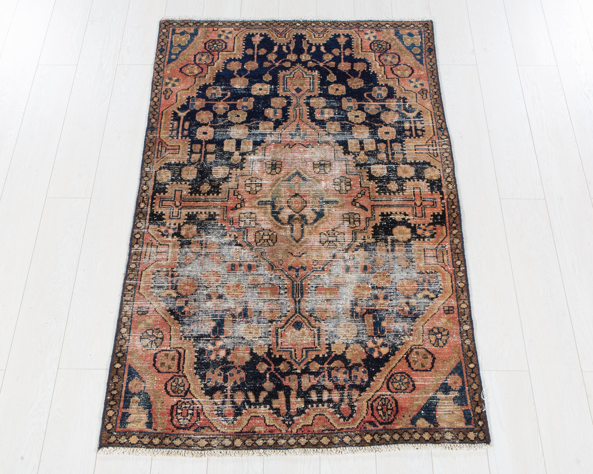 Antique Malayer wool rug in Navy Blue, Peach, 167 x 102 cm