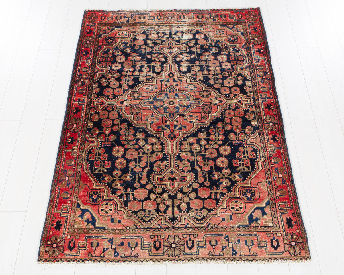 Antique Malayer wool rug in Navy Blue, red, 188 x 129 cm